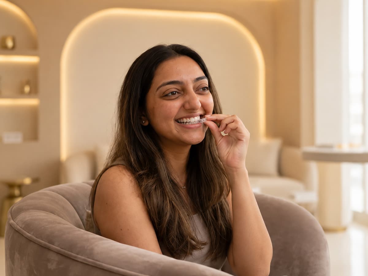 Female dentist fitting custom clear aligner tray into patient's mouth at Beverly Hills Clinic
